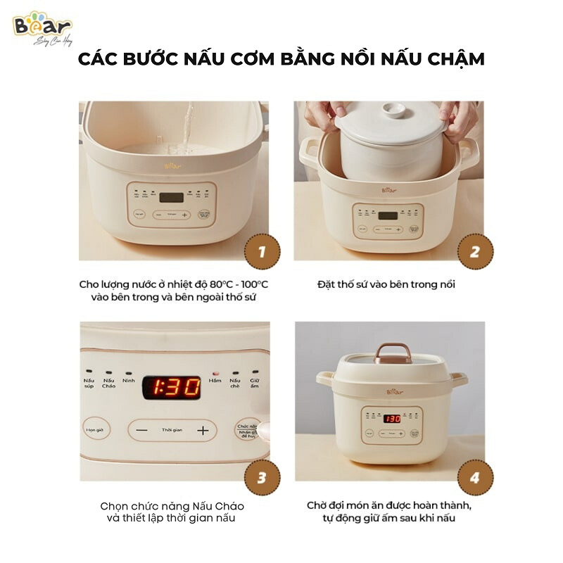 Cách nấu cơm bằng nồi nấu chậm Bear chi tiết