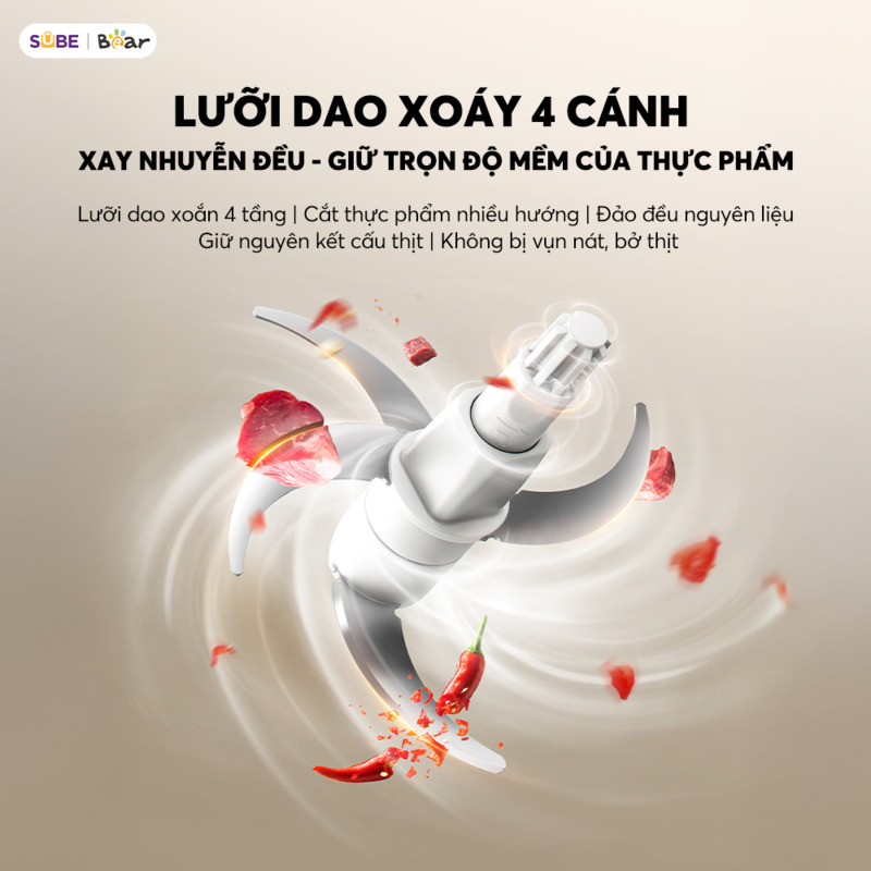 Máy xay thịt Bear CH-5H03P36 Lưỡi dao 4 cánh đa tầng sắc bén, đảm bảo xay nhuyễn mịn và đều
