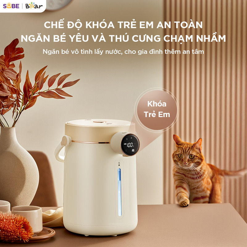 Bình thuỷ điện Bear 3L EWB-5H30C60 Khóa trẻ em an toàn, gia đình có con nhỏ cũng an tâm sử dụng