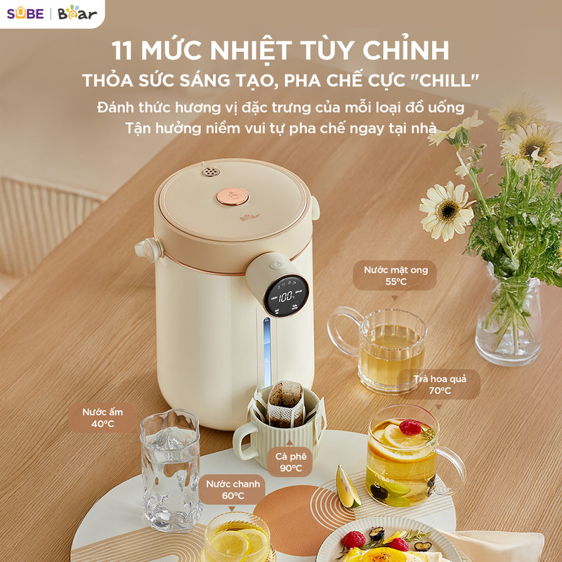 Bình thuỷ điện Bear 3L EWB-5H30C60 Tha hồ pha chế các loại đồ uống yêu thích với 11 mức nhiệt độ tùy chỉnh