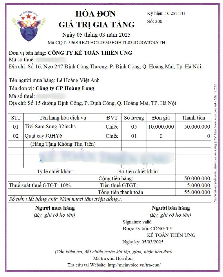 Mẫu hóa đơn xuất quà tặng cho khách hàng theo chương trình khuyến mãi