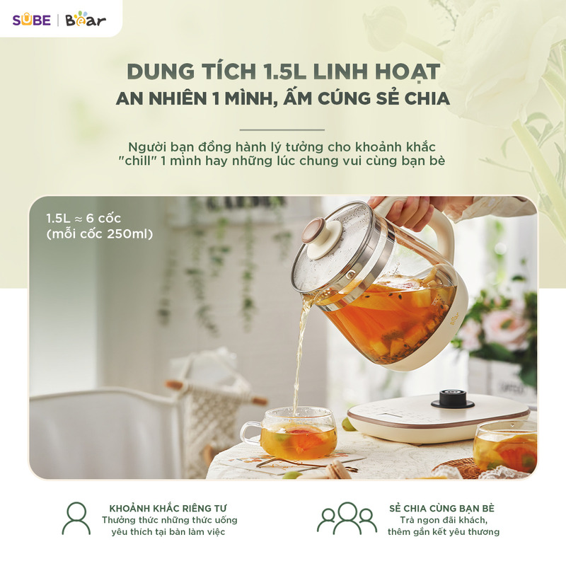 Máy pha trà Bear 1.5L HK-5H15L96 Dung tích vừa vặn thoải mái dùng trong gia đình