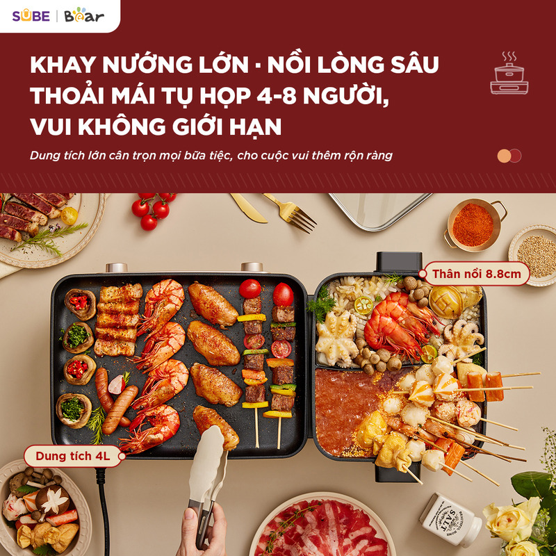nồi lẩu nướng đa năng Bear GR-5H22R83 Khay nướng lớn, lòng nồi sâu