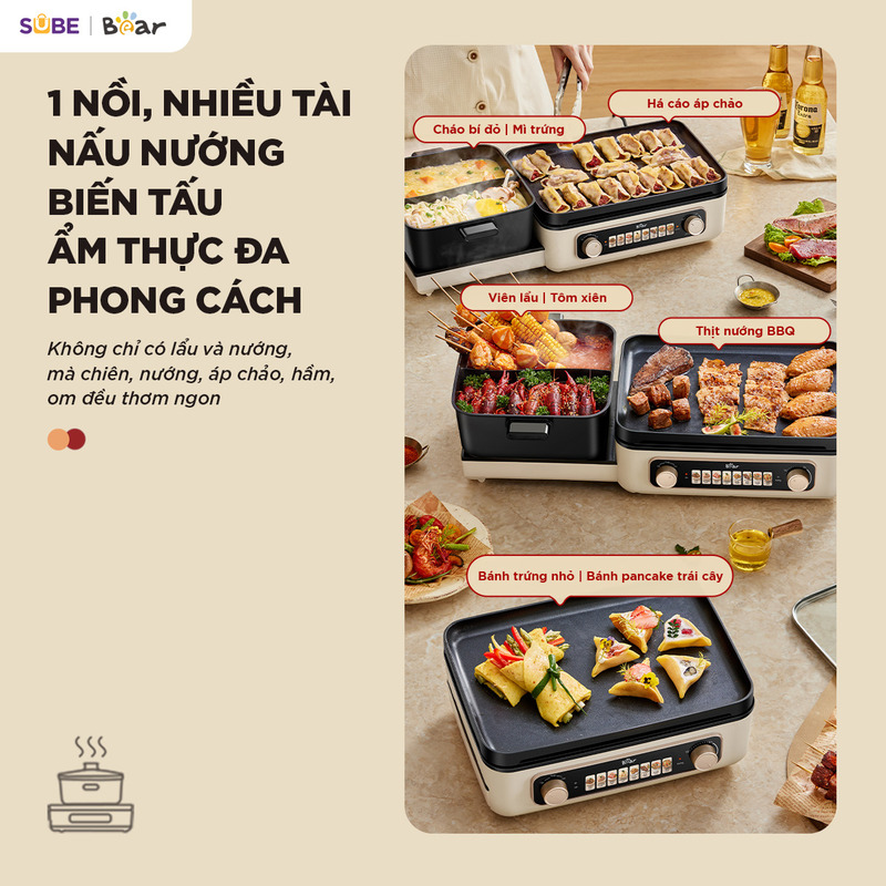 nồi lẩu nướng đa năng Bear GR-5H22R83 Thưởng thức lẩu và nướng cùng lúc với nồi lẩu nướng đa năng Bear GR-5H22R83