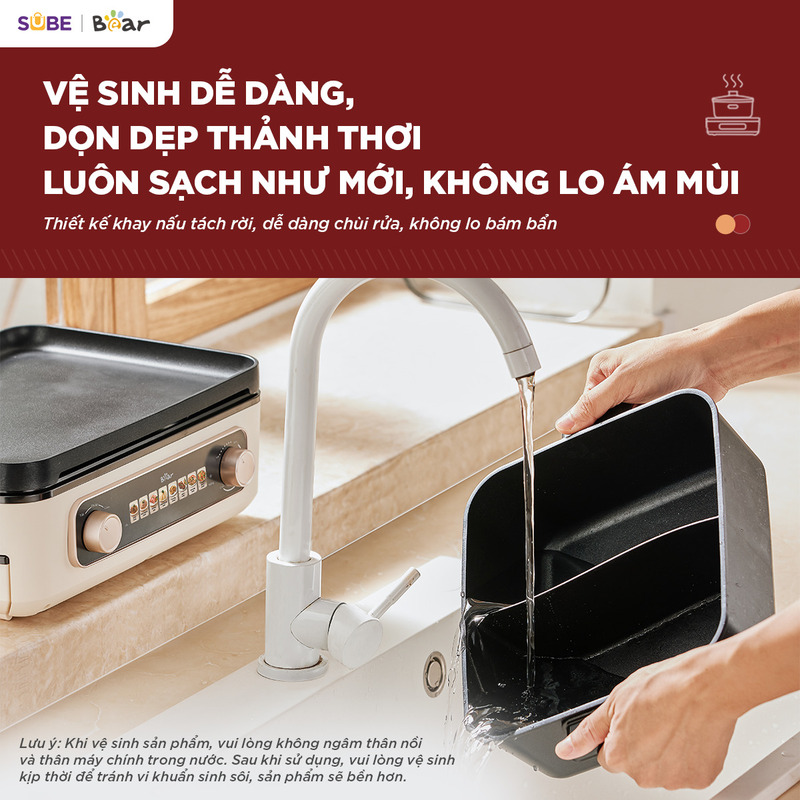 nồi lẩu nướng đa năng Bear GR-5H22R83 Các bộ phận dễ dàng tháo rời giúp vệ sinh nhanh chóng