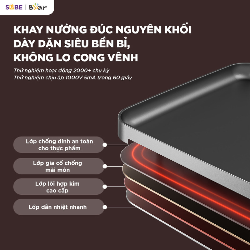 nồi lẩu nướng đa năng Bear GR-5H22R83 Khay nướng chống dính giúp thực phẩm không bị dính và chín đều