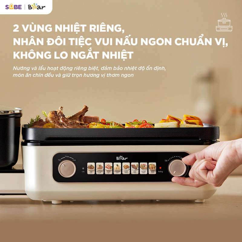 nồi lẩu nướng đa năng Bear GR-5H22R83 Dễ dàng điều chỉnh nhiệt độ cho từng vùng lẩu và nướng