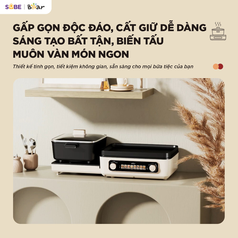 nồi lẩu nướng đa năng Bear GR-5H22R83 Thiết kế gấp gọn giúp tiết kiệm không gian lưu trữ