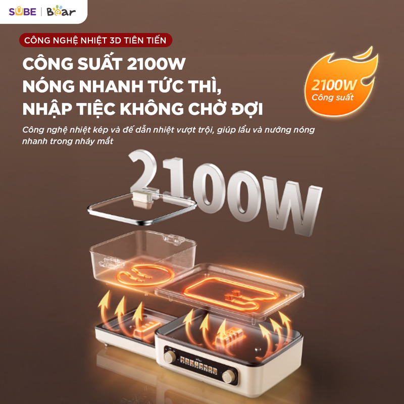 nồi lẩu nướng đa năng Bear GR-5H22R83 Công suất mạnh mẽ giúp nồi nóng nhanh và giữ nhiệt ổn định