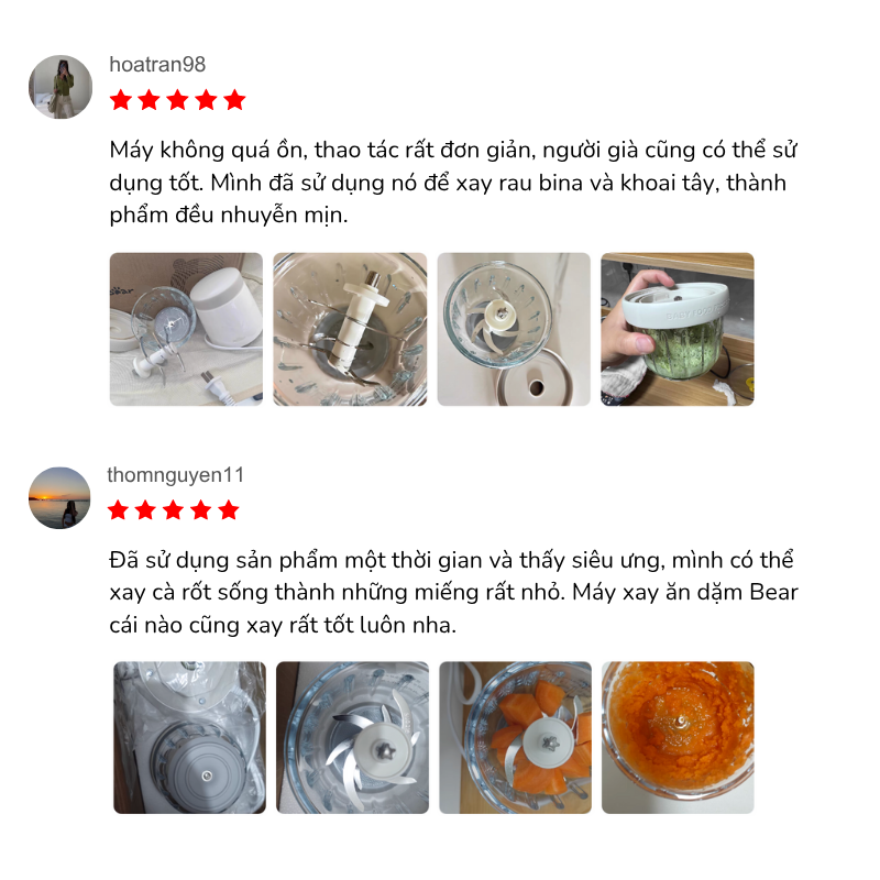 Máy xay ăn dặm Bear 0.3L CH-5H02D24 Phản hồi của các mẹ sau khi sử dụng Máy xay ăn dặm Bear 0.3L CH-5H02D24