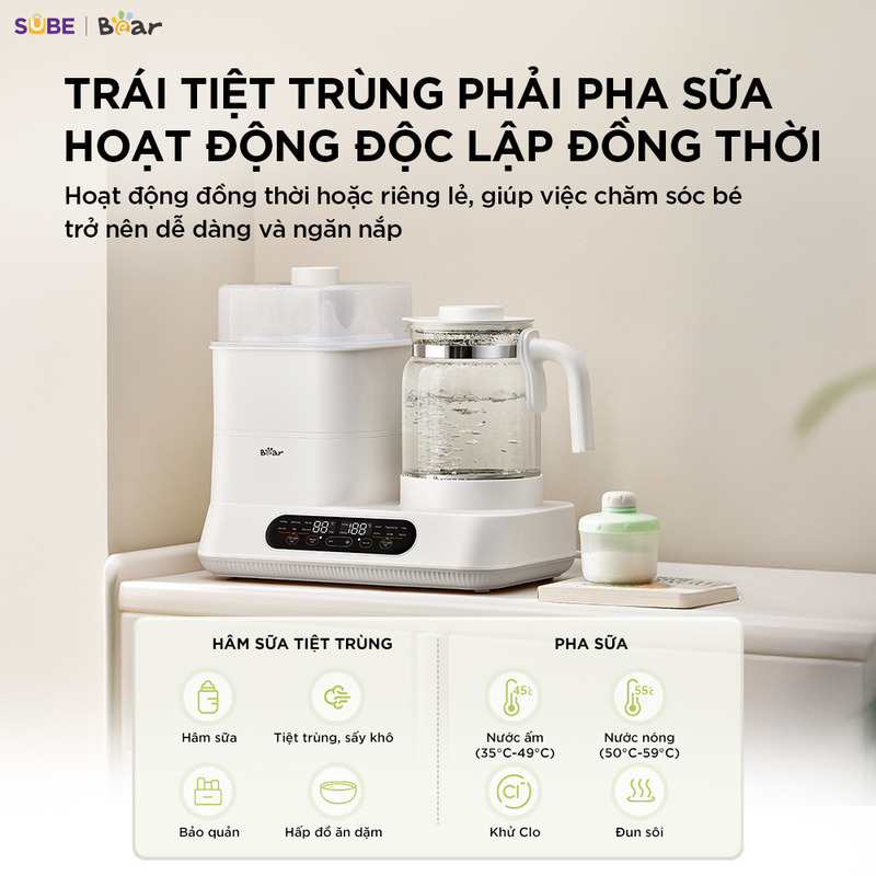 Thiết kế 2 vùng độc lập, tiệt trùng và pha sữa cùng lúc