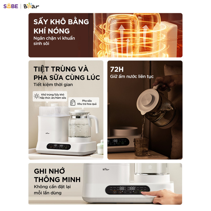 Tiệt trùng hơi nước 360° và sấy khô bằng khí nóng PTC