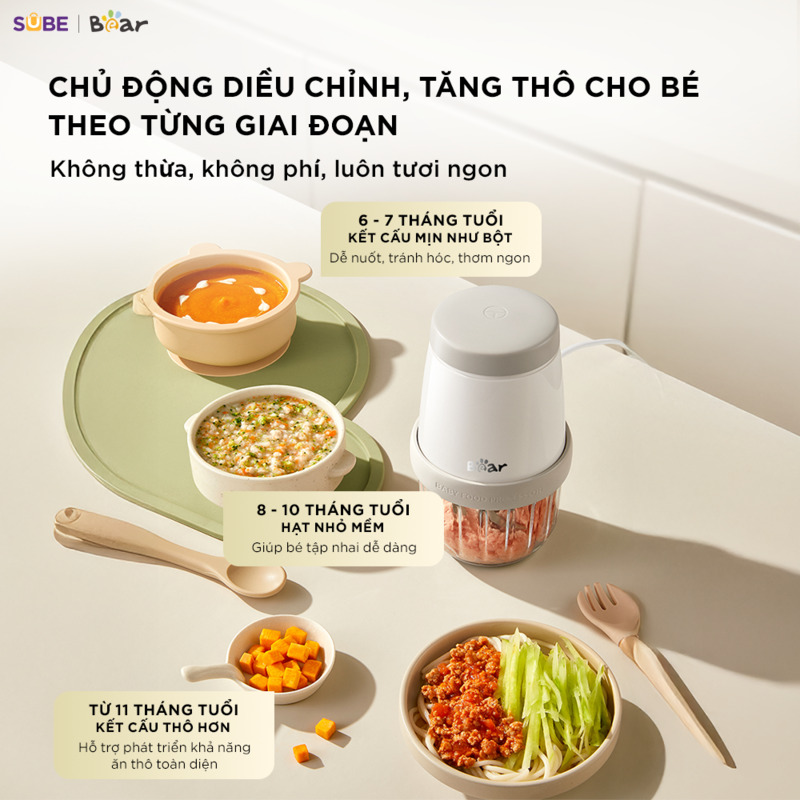 Máy xay ăn dặm Bear 0.3L CH-5H02D24 Dễ dàng điều chỉnh độ thô mịn, phù hợp với từng giai đoạn phát triển của bé