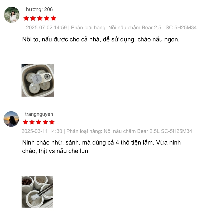 Đánh giá 5 sao từ người dùng khi sử dụng sản phẩm Nồi nấu chậm Bear