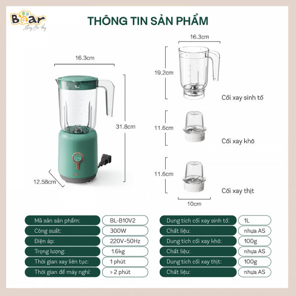 Thông tin sản phẩm máy xay sinh tố Bear 3 trong 1 BL-B10V2