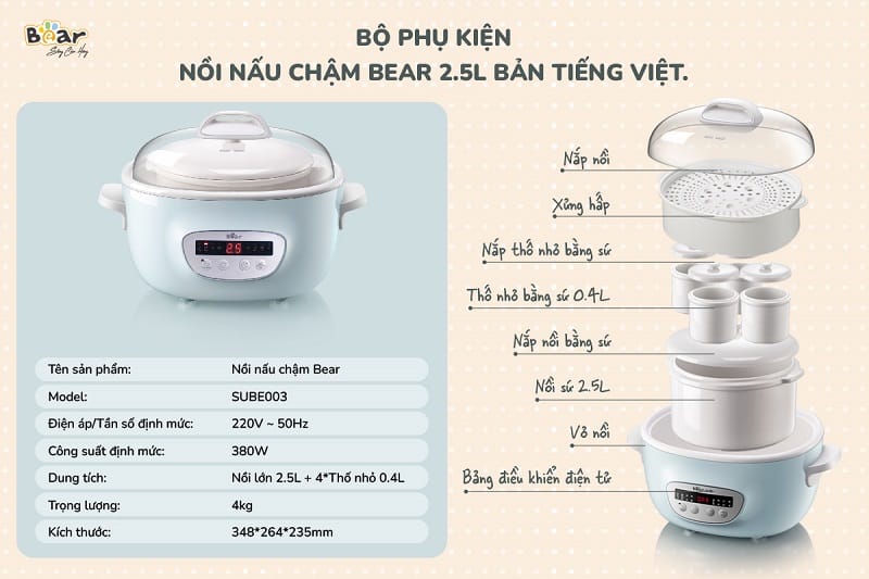 Bộ phụ kiện nồi nấu chậm Bear 2.5l bản tiếng Việt gồm những gì?