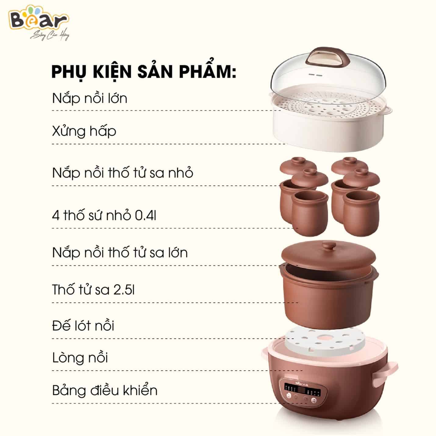 Bộ phụ kiện của Nồi Nấu Chậm Thố Đất Tử Sa 2,5L DDZ-C25R6